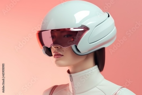Portrait of a girl in white futuristic costume and helmet on pink background.