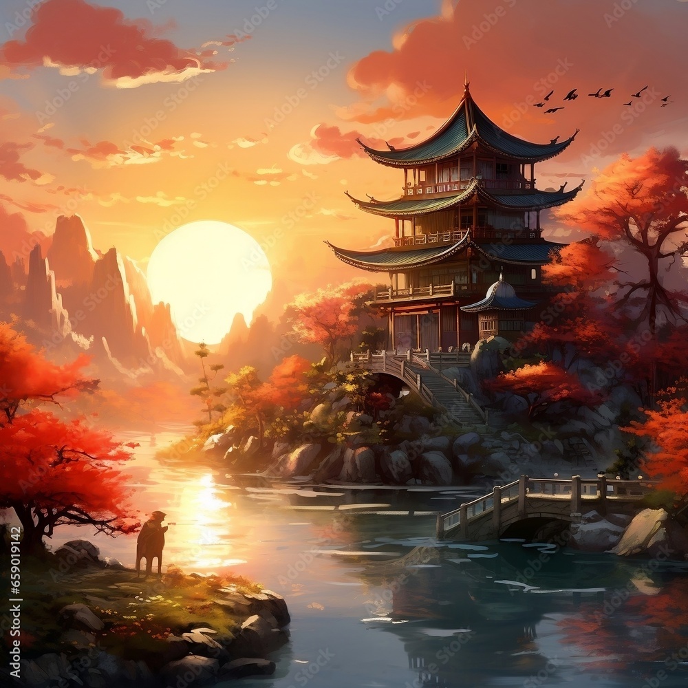 Digital painting fantasy painting of a Chinese house at sunset, digital illustration, illustration painting