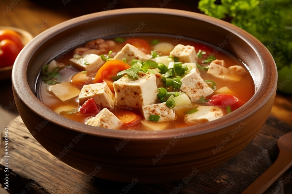 A hearty stew with soft tofu, seafood or pork, vegetables in a bowl of soup. Generative AI