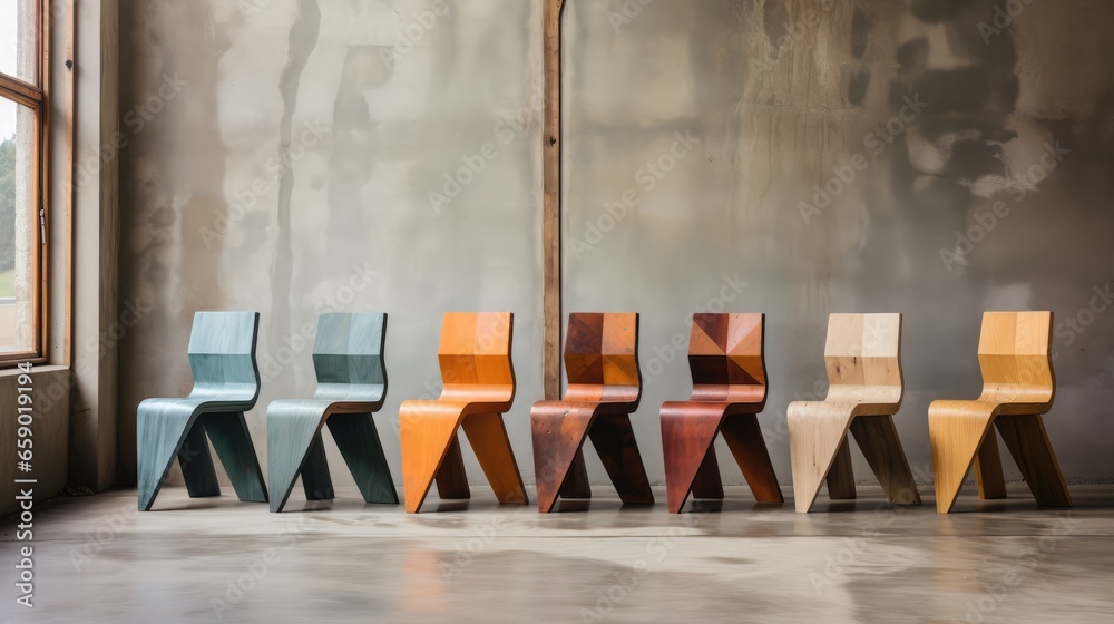 Row of trendy wooden chairs in a row. Interior of a modern office. Home and office decor