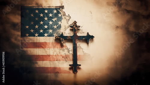 American flag with cross on grunge background. Christian religion concept. photo