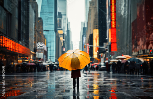 Man with yellow umbrella walking in Times Square, New York City, USA © Faith Stock