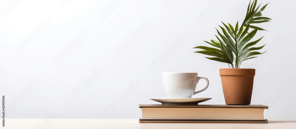 Minimalist workspace concept with copy space including coffee cup book stack and plant on white background