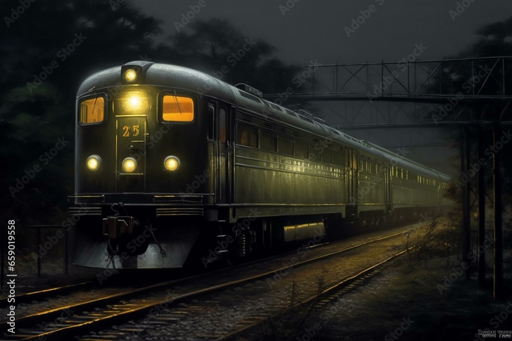 Train with illuminated lights in deep grey. Generative AI