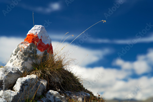 Close up of a red and white road marking on an alpine mountain trail  photo