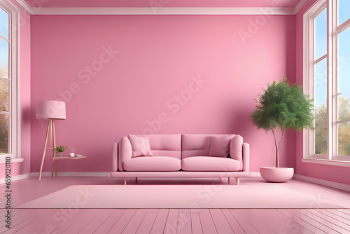 Interior of modern living room with sofa on wooden floor, Empty wall with large window in pink stylish composition