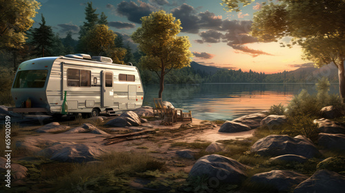 a camper by a lake at sunset © Kien