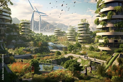 Sustainable urban landscape showcasing green energy solutions through windmills and solar panels. Generative AI