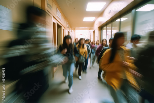 Blurred shot of high school students walking up the strs between classes in a busy school building, photo