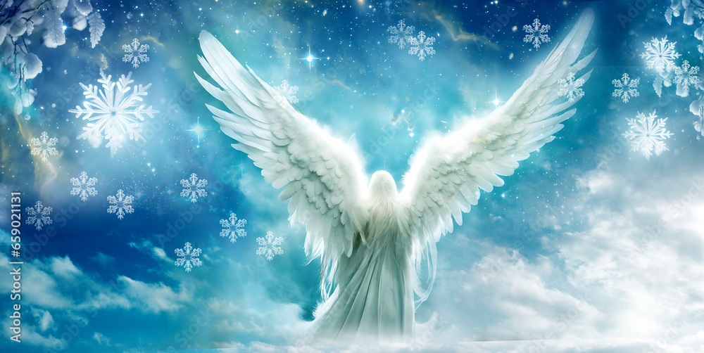 winter angel archangel with beautiful wings, snowflakes and beautiful mystic sky - obrazy, fototapety, plakaty 