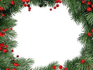 Christmas frame with fir branches and berries on white background