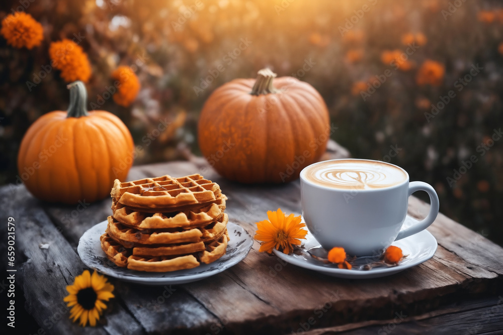 decoration for Halloween, still life, a cup of hot latte and waffers and pumpkins on an old wooden table against the background of beautiful autumn nature at sunset