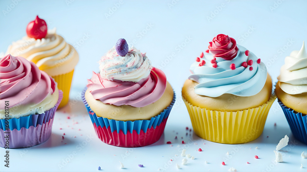 Delicious cupcakes with cream on table on light background.