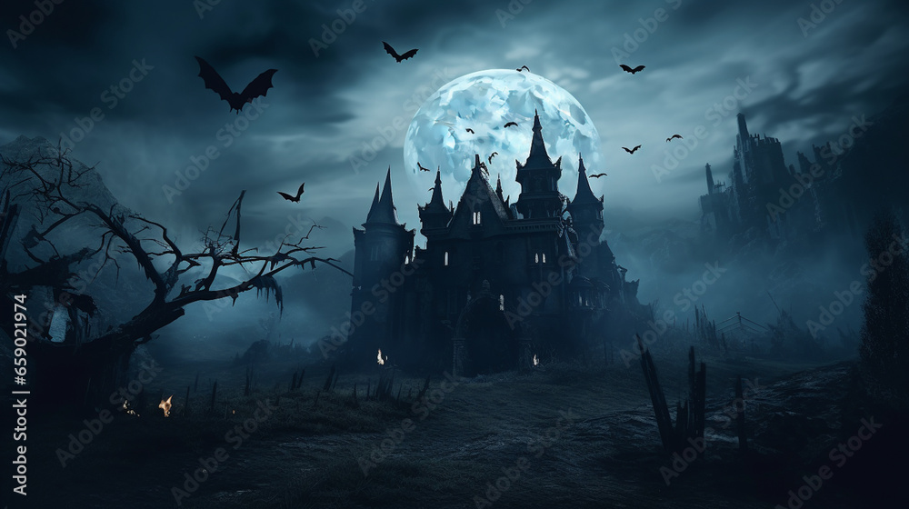 halloween night scene with castle and bats