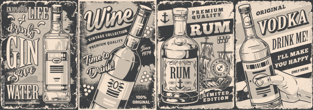 Alcoholic booze monochrome set sticker - obrazy, fototapety, plakaty 