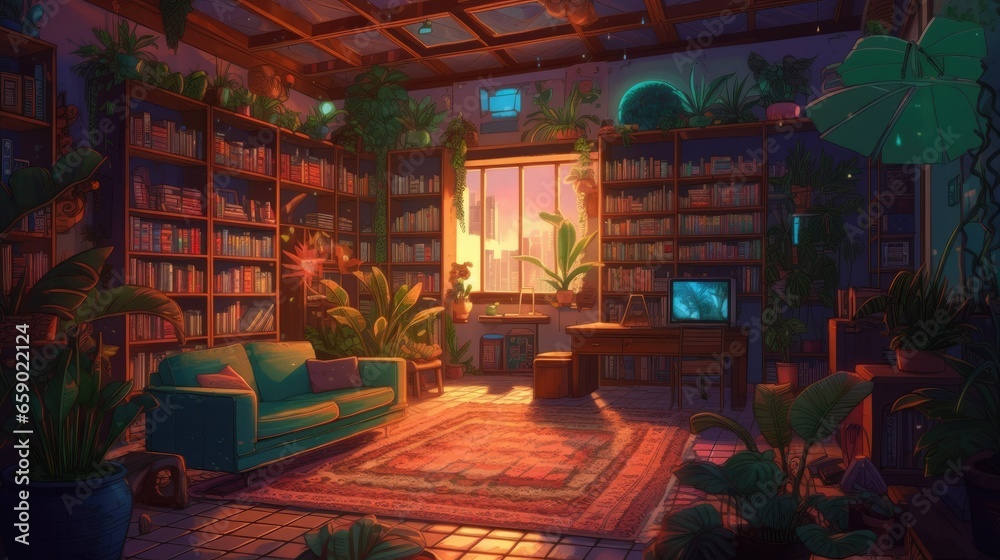 Cozy library with lush greenery.