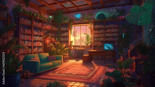 Cozy library with lush greenery.