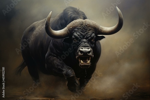 Furious ebony bull in a plain backdrop. Generative AI