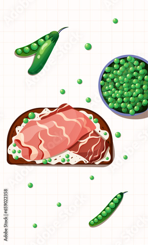 bruschetta bacon with peas bread food illustration 