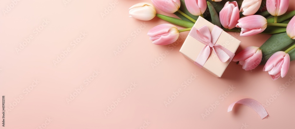 Mother s Day decorations top view of gift boxes ribbon bows tulips on pastel pink background with copyspace Mother s Day decorations top view of gift boxes ribbon bows tulips on pastel pink background with copyspace