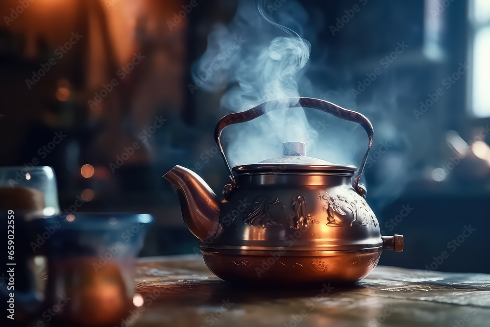 Traditional Japanese herbal tea made in a cast iron teapot with - obrazy, fototapety, plakaty 