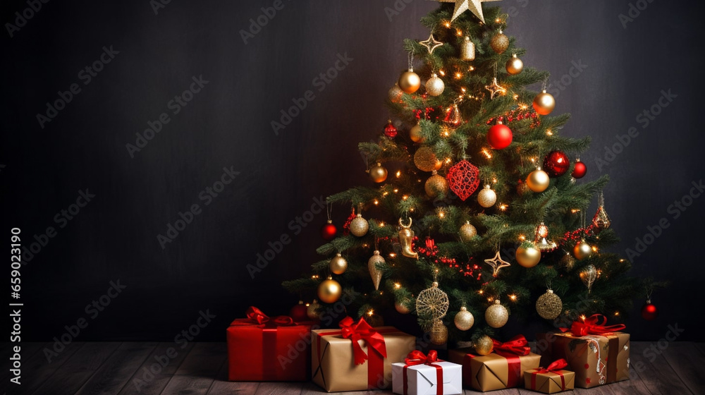 copy space, stockphoto, beautiful decorated christmas tree with light, and christmas decoration, presents are under the christmas tree. Beautiful design for postcard, invitation card. Greeting card.
