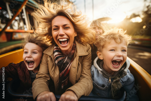 Excited mother and her two children experience joy on rollercoaster  photo