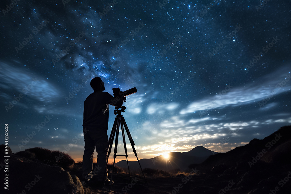 Silhouette of photographer with camera on tripod and starry sky. Stargazing, night sky, observation deck. Generative AI
