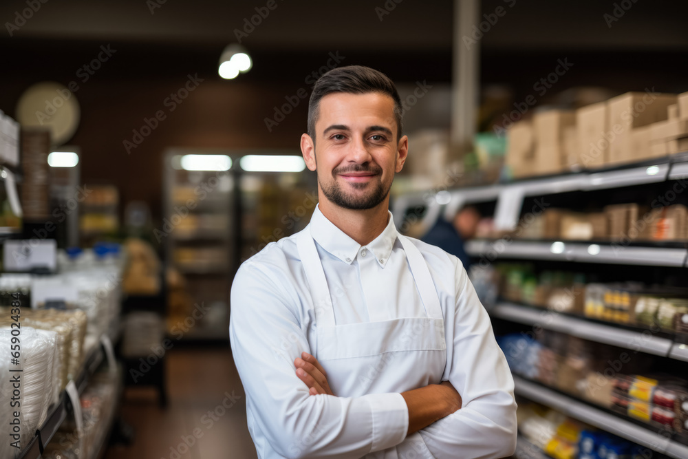 Cheerful young employee in grocery store smiling at the camera Cheerful young employee in grocery store smiling at the camera