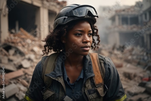 Close-up portrait of a beautiful African American woman wearing a rescue suit, helmet on the background of destroyed houses after the earthquake © liliyabatyrova
