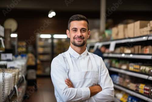 Cheerful young employee in grocery store smiling at the camera 