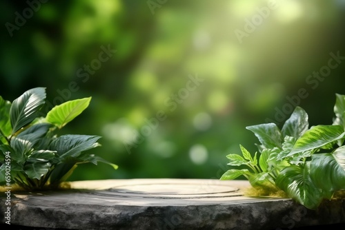 Natural stone and concrete podium in Natural green background for Empty show for packaging product presentation. Background for cosmetic products  the scene with green leaves. generative ai.