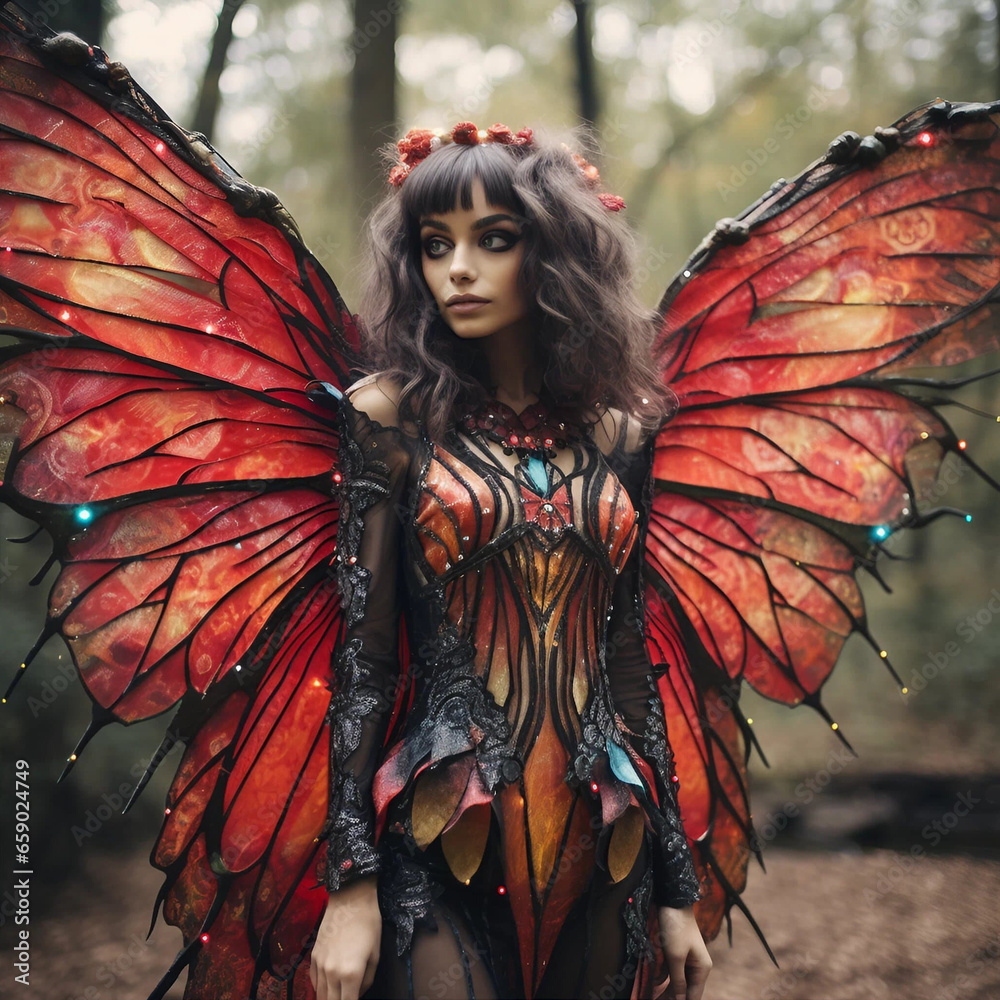 A Girl in a Forest Wearing Butterfly Wings A Girl in a Forest Wearing Butterfly Wings