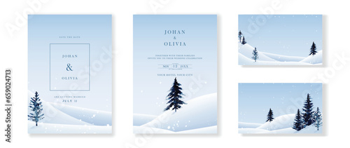 Wedding invitation set with watercolor landscape pine tree