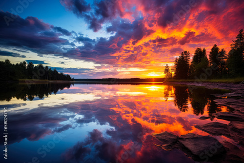 Vibrant sunset casting colorful reflections on serene lake shimmers beautifully 