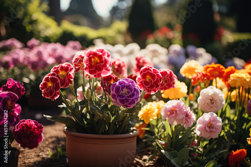 Colorful flowers and plants amidst a sunny garden background 