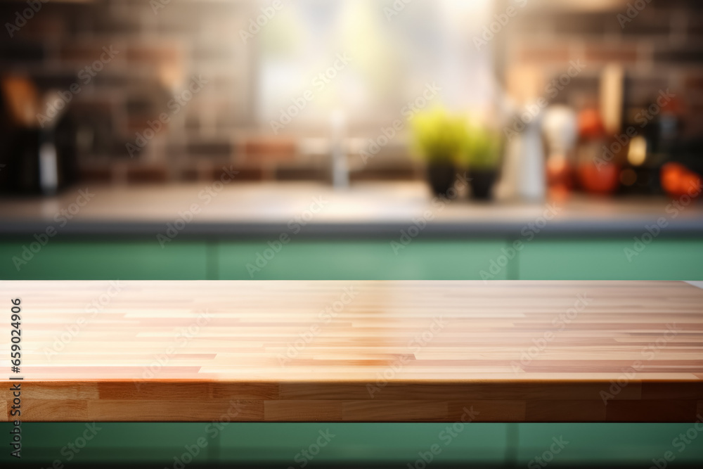 Blur kitchen room background with wooden table top contemporary green interior 