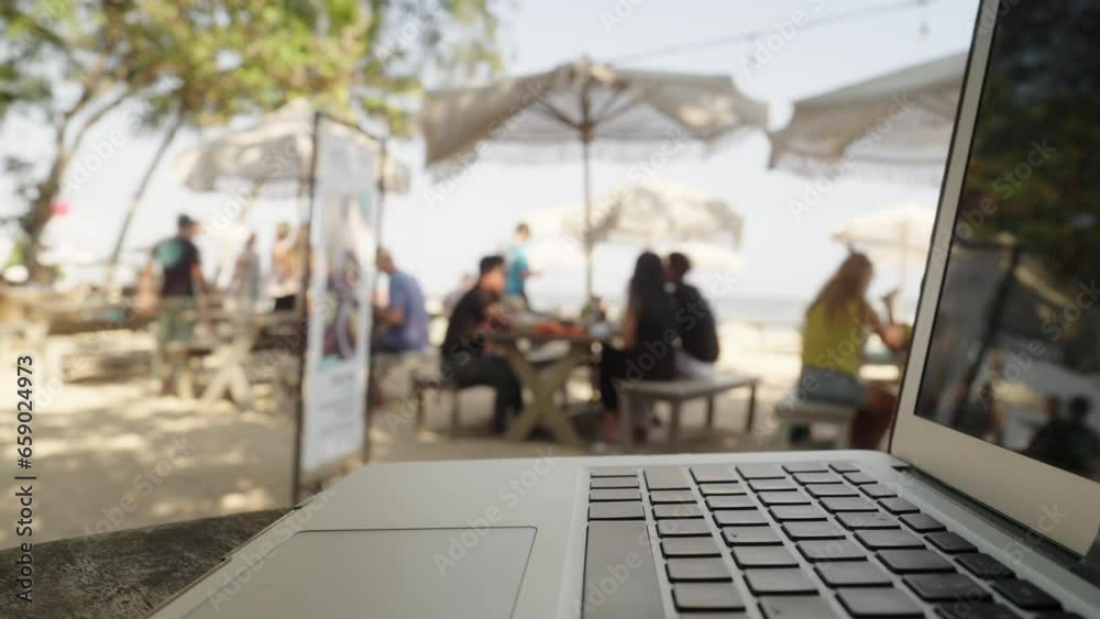 Timelapse of tropical destination for remote work and travel, digital nomad concept with laptop computer on beach