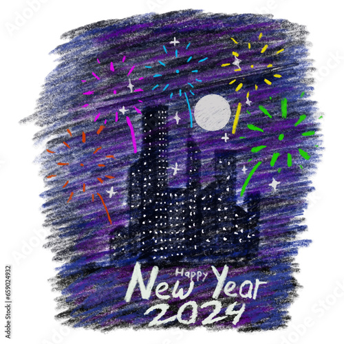 hand drawn new year 2024 design with crayon color style with a city, fireworks, moon and stars. vector illustration