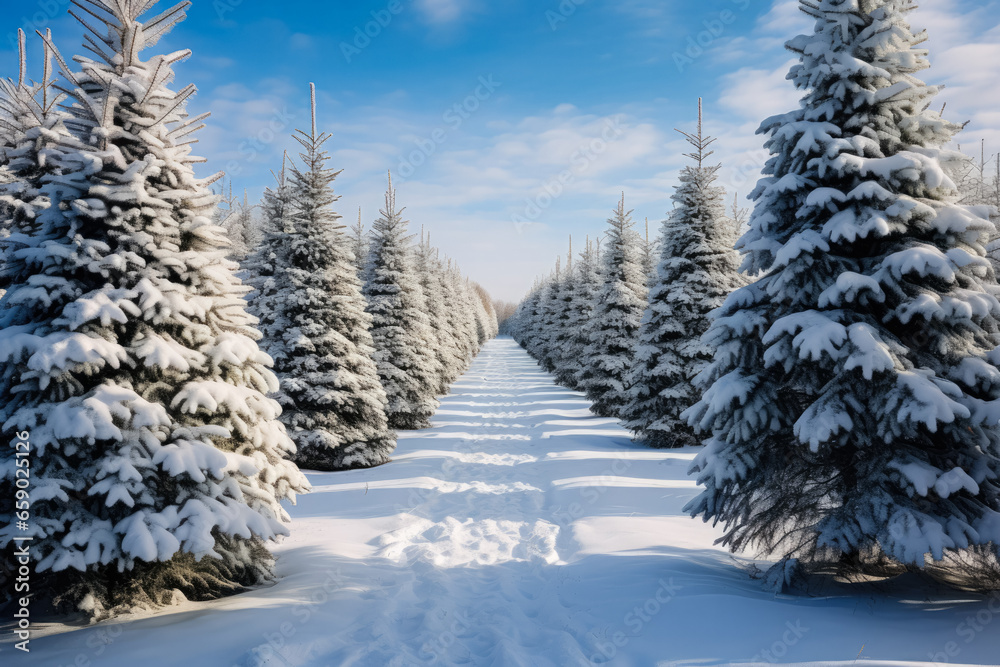 Obraz premium Christmas tree pines covered with snow green firs glistening 