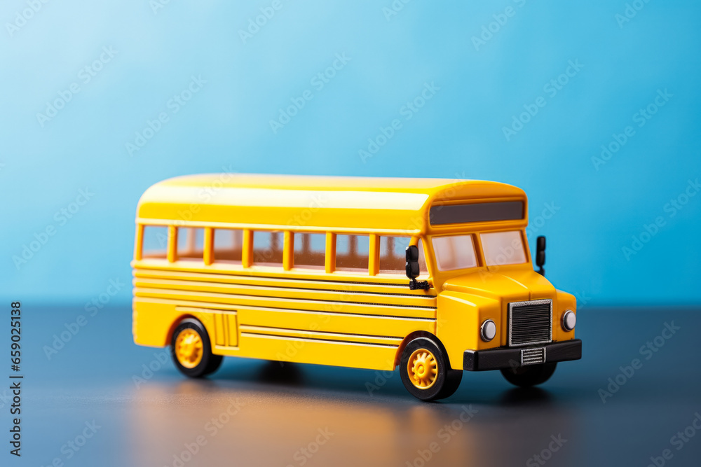 Transportation and education concept: yellow school bus model on chalkboard 