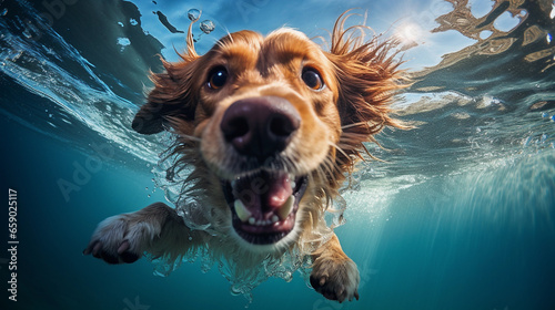 The dog swims under water with an open mouth.