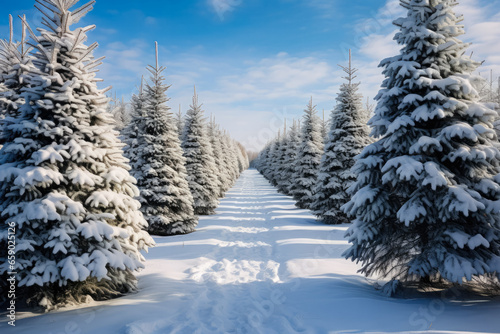 Christmas tree pines covered with snow green firs glistening  © AI Petr Images