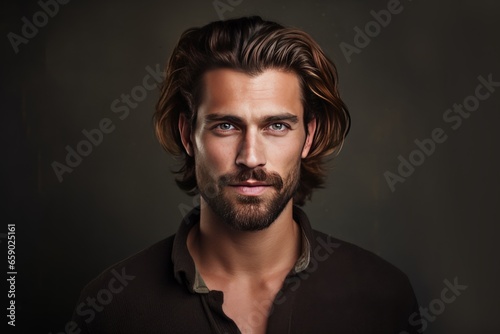 Handsome man studio portrait, simple dark background. AI generated
