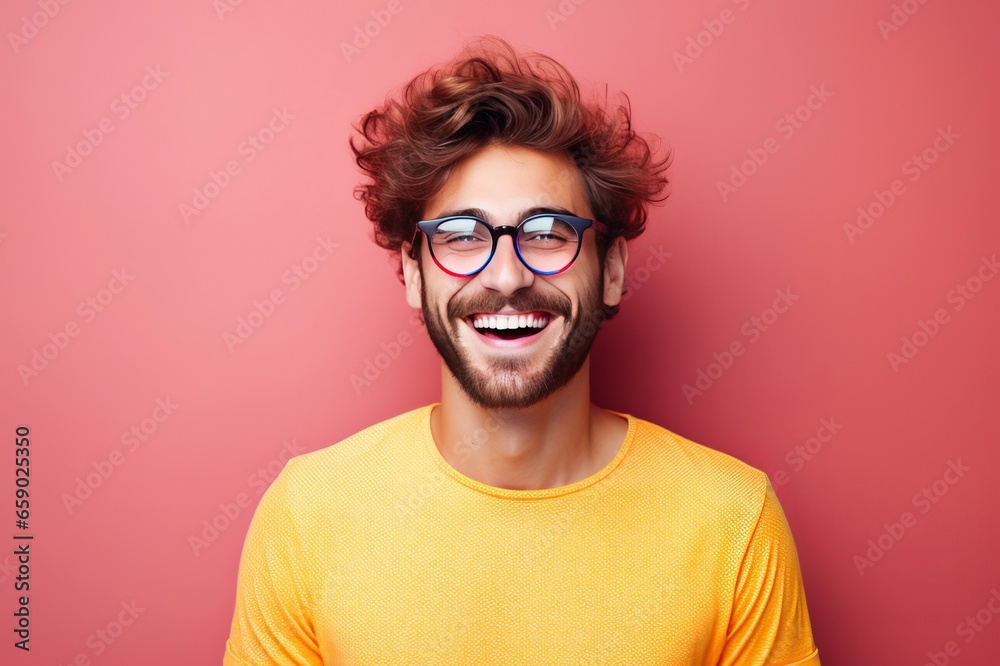 Obraz premium Handsome happy young man in glasses studio portrait, bright color background. AI generated