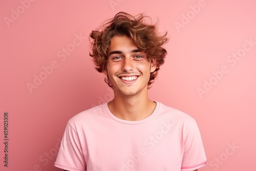 Handsome happy young man studio portrait, bright color background. AI generated