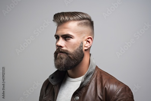 Handsome man with an undercut hairstyle and beard studio portrait, simple dark background. AI generated photo