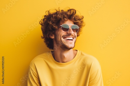 Handsome happy young man in glasses studio portrait, bright color background. AI generated