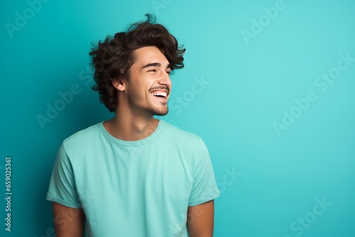Handsome happy young man studio portrait, bright color background. AI generated photo