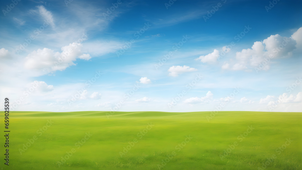 Beautiful minimalist idyllic natural landscape with green mowed grass meadow and blue textured sky with white clouds.AI - obrazy, fototapety, plakaty 
